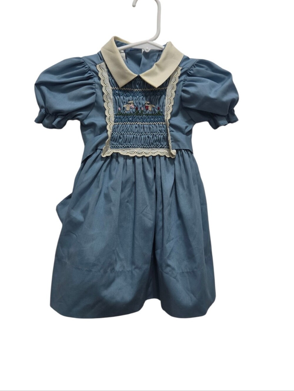 Vintage Polly Flinders 2T Blue Hand Smocked Lamb Peter Pan Collar Dress Barbados